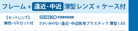 フレーム+遠近・中近薄型レンズ+ケース付　セットレンズ　無色・UVカット付　SEIKO STARVISION さかいめのない遠近・中近両用薄型1.60