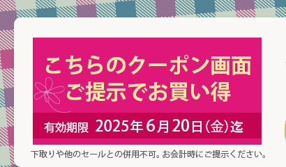 こちらのクーポン画面ご提示でお買い得有効期限2025年6月20日（金）迄下取りや他のセールとの併用不可。お会計時にご提示ください。