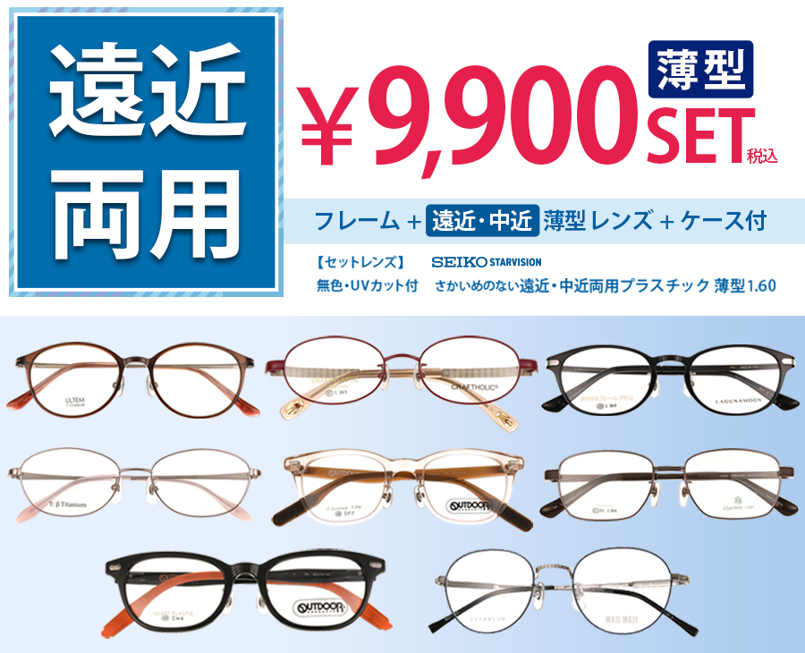 薄型レンズ遠近・中近セット9,900円 フレーム+薄型レンズ+ケース付