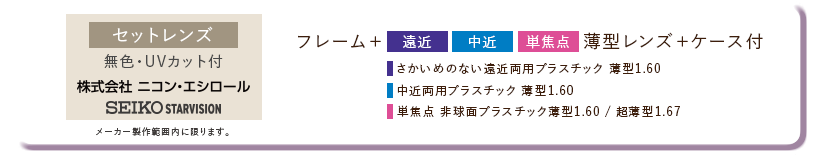 セットレンズ　無色UVカット付き　株式会社ニコン・エシロール、SEIKOSTARVISION　さかいめのない遠近両用プラスチック薄型1.60、中近両用プラスチック薄型1.60、単焦点非球面プラスチック薄型1.60超薄型1.67
