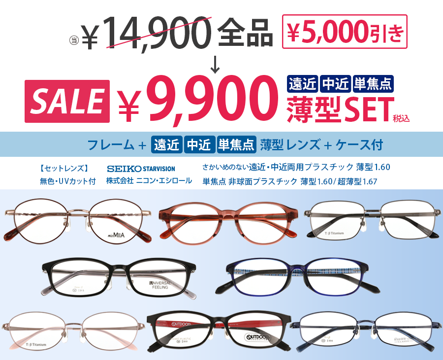 薄型レンズ遠近・中近セット9,900円 フレーム+薄型レンズ+ケース付