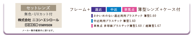 セットレンズ　無色UVカット付き　株式会社ニコン・エシロール、SEIKOSTARVISION　さかいめのない遠近両用プラスチック薄型1.60、中近両用プラスチック薄型1.60、単焦点非球面プラスチック薄型1.60超薄型1.67