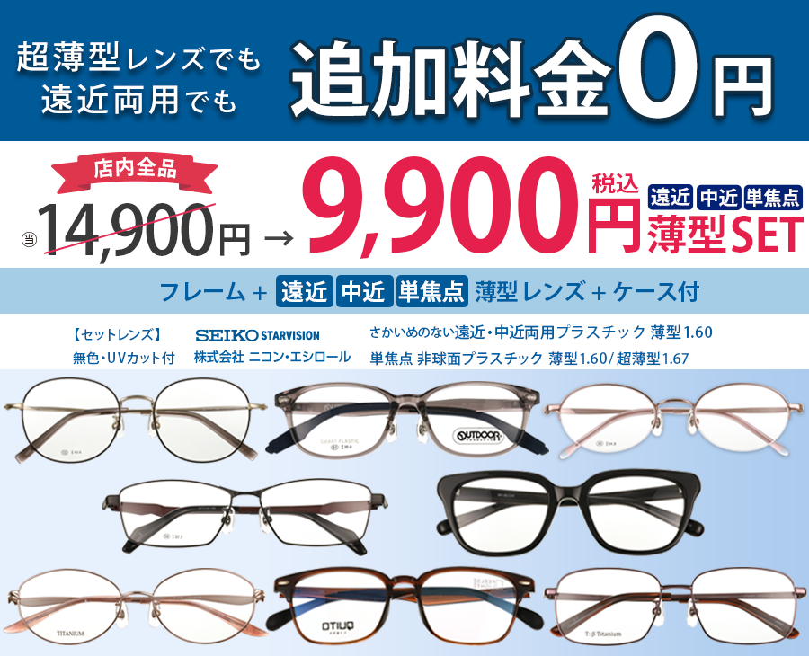 薄型レンズ遠近・中近セット9,900円 フレーム+薄型レンズ+ケース付